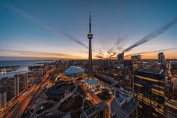 Panoramic View Of Toronto Financial District And Harbourfront At Dusk In Toronto, Ontario, Canada.