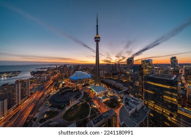 Panoramic view of Toronto financial district and Harbourfront at dusk in Toronto, Ontario, Canada. - Powered by Shutterstock