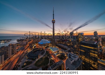 Panoramic view of Toronto financial district and Harbourfront at dusk in Toronto, Ontario, Canada.