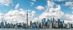 Panoramic View Of Toronto Skyline And Lake Ontario On A Sunny Day, Toronto, Ontario, Canada. 