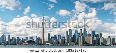 Panoramic view of Toronto skyline and Lake Ontario on a sunny day, Toronto, Ontario, Canada. 