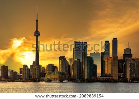 Panoramic view of Toronto skyline  at sunset, Ontario, Canada