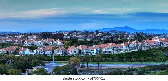 Panoramic View Of Tract Homes Along The Dana Point Coast At Sunset In Southern California, USA