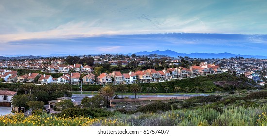 Panoramic View Of Tract Homes Along The Dana Point Coast At Sunset In Southern California, USA