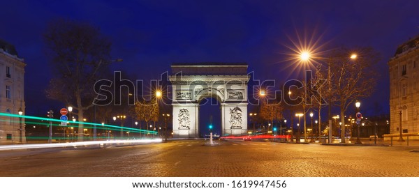 The panoramic view of Triumphal Arch . It is one\
of the most famous monuments in Paris. It honors those who fought\
and died for France.