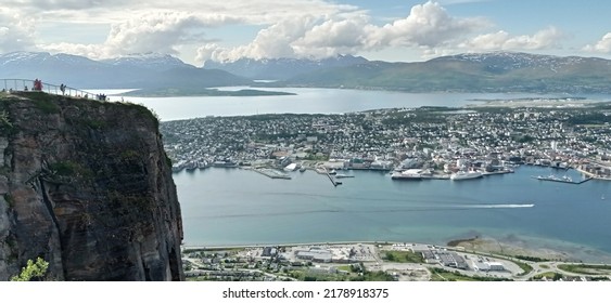 Panoramic View Of Tromso City In Norway From Mt. Storsteinen In Summer. A Famous View From The Top Of Fjellheisen, Tromso.