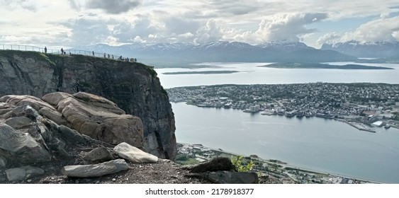 Panoramic View Of Tromso City In Norway From Mt. Storsteinen In Summer. A Famous View From The Top Of Fjellheisen, Tromso.