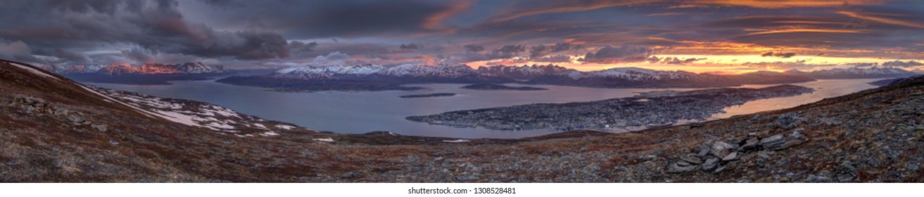 Panoramic View Of Tromso In Norway During Midnight Sun