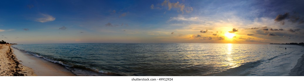 A Panoramic View Of Tropical Cuban Beach At Sunset, Playa Ancon, Cuba.