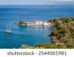 Panoramic view of Tzasteni beach in the Pagasetic gulf, near the town Milina, in the south-west Pelion, Magnesia, Thessaly, Greece.