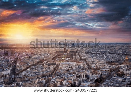 Similar – View of Paris with Eiffel tower silhouette at sunset