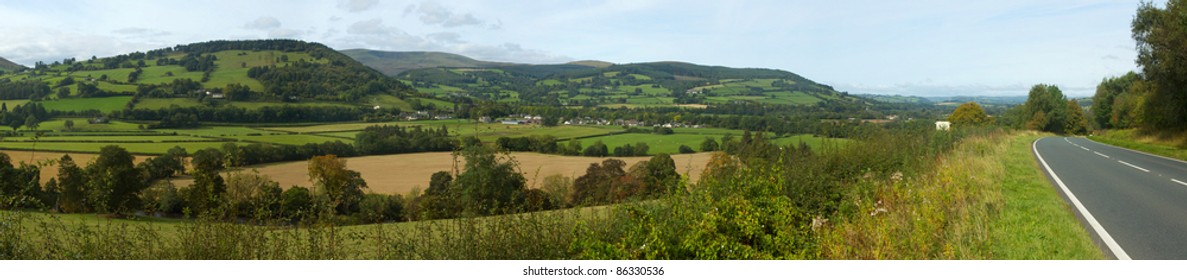 Panoramic View The Usk Valley And A40 Road In Wales UK.