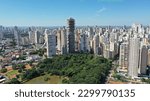Panoramic view of Vaca Brava Park surrounded by modern residencial buildings in May, 2023. Goiania, Goias, Brazil 