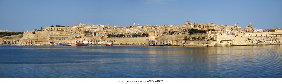 The panoramic view of Valletta capital city over the water of Grand harbor from the Kalkara peninsula. Malta 