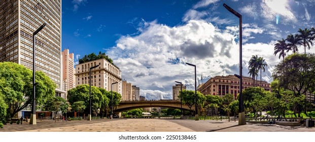Panoramic view of the Anhangabaú Valley in the center of the city of São Paulo with the old tea viaduct and the city hall building in the background.. - Shutterstock ID 2250138465