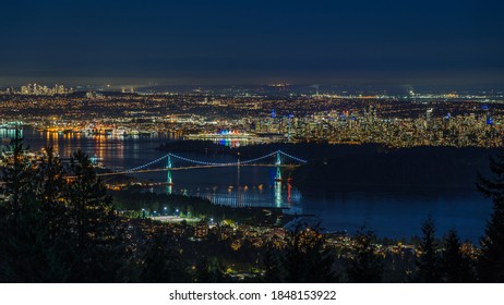 Panoramic View Of Vancouver Cityscape At Night, British Columbia, Canada.