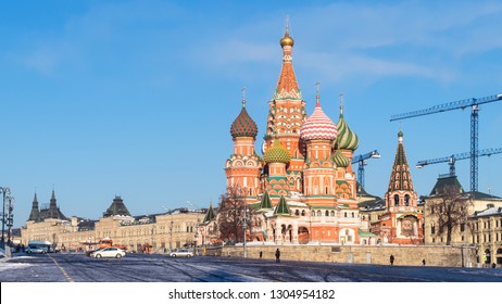 panoramic view of Vasily the Blessed (Saint Basil, Pokrovsky) Cathedral in Moscow city from Vasilevsky Spusk (Descent) of Red Square in sunny winter day