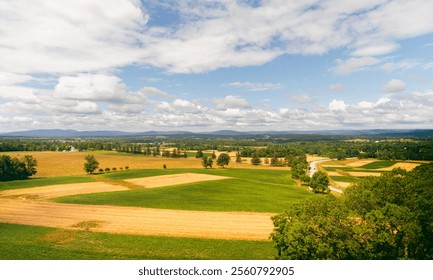 A panoramic view of a vibrant patchwork of farmland, including golden and green fields, a winding country road, and a backdrop of rolling mountains under a sunny sky.