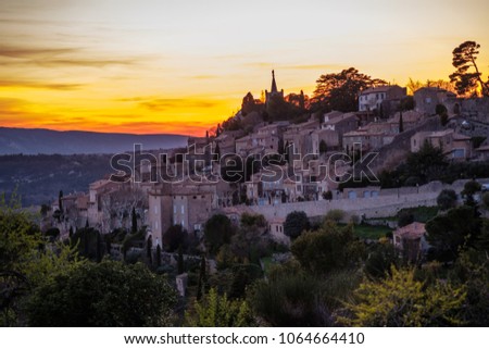Panoramic view of the village of Bonnieux, Provence, Luberon, France. Sunset.