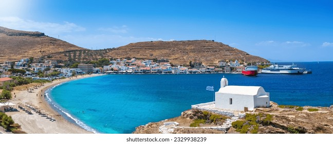 Panoramic view of the village and harbour Korrisia at Kea, Tzia island, Cyclades, Greece, with the church of Agios Giorgios in front - Shutterstock ID 2329938239