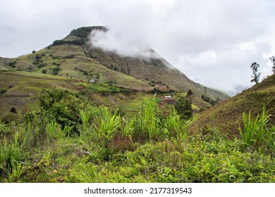 Panoramic View At Village Ucumari At Ecuadorian Andes At Rainy Cloudy Day. Ecuador. Azuay Province, Nabon Canton. 