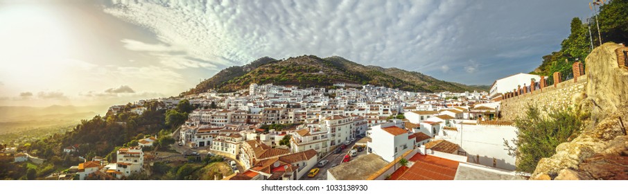 Panoramic view of village with white houses in Mijas resort town. Costa del Sol, Andalusia, Spain