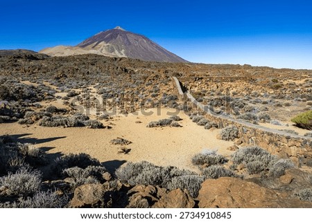 A panoramic view of the volcanic peak of Mount Teide rising above the desert-like scrubland and geological formations of the Teide National Park, a UNESCO World Heritage site in the Canary Islands