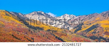 Panoramic view of Wasatch mountain state park in Utah with colorful fall foliage in autumn time.
