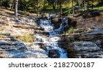 A panoramic view of waterfall over rocks in summer  Princess Louise Falls in Ottawa, Ontario, Canada 