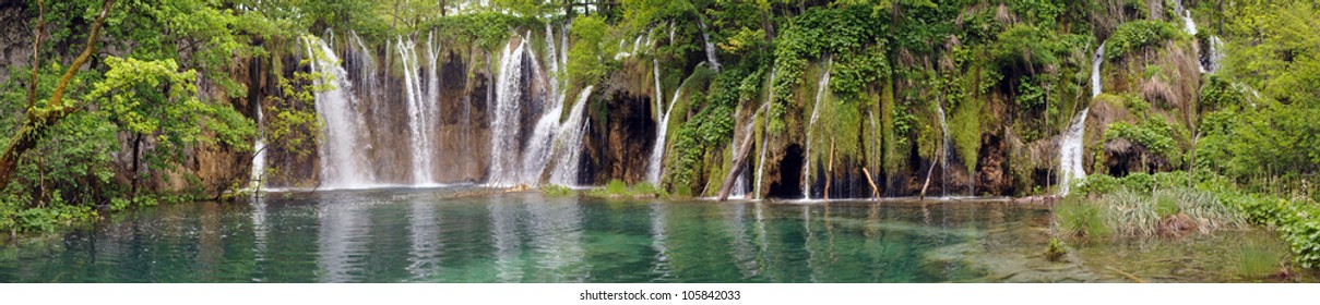 panoramic view of Waterfall in Plitvice Lakes national park, Croatia - Shutterstock ID 105842033