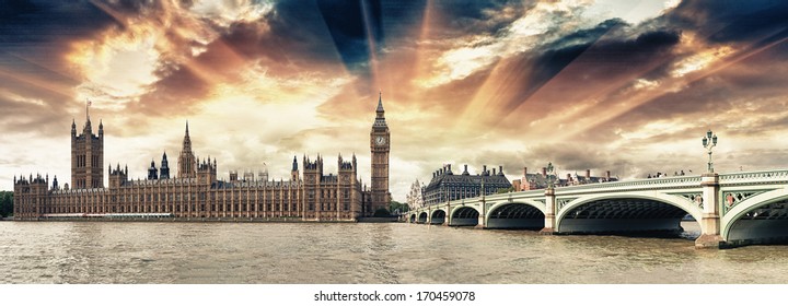 Panoramic View Of Westminster Bridge And Houses Of Parliament At Sunset - London.