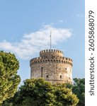 Panoramic view from White Tower monument and museum in Thessaloniki or Saloniki capital of Macedonia Greece, walking pedestrians, major seaport, blue sky.