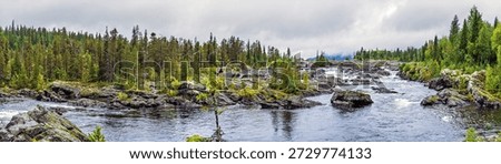 Panoramic view of a wide river with rapids and boulders, surrounded by dense evergreen and deciduous forests under a cloudy, atmospheric sky in Lapland