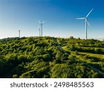 Panoramic view of wind farm or wind park, with high wind turbines for generation electricity with copy space. High quality photo