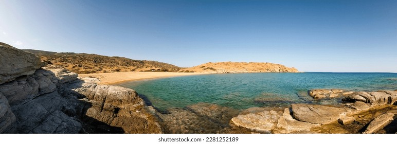 Panoramic view of the wonderful turquoise beach of Plakes in Ios Greece

 - Shutterstock ID 2281252189