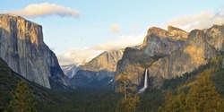 Panoramic View Of Yosemite Valley With El Capitan And Bridalveil Falls Prominently Displayed, In Yosemite National Park, California