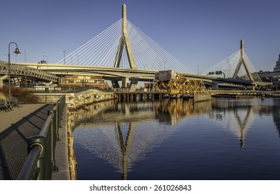 Panoramic view of the Zakim Bridge in Boston, Massachusetts, USA on a sunny summer day.