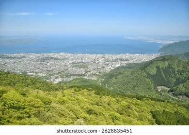 Panoramic views of Beppu and Oita City, Mount Yufu and as far as the Kuju Mountains when visibility is good. View from the actual summit of Mount Tsurumi neary ropeway station.