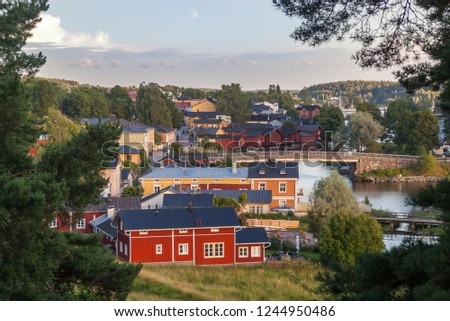 Panoramic views of the city of Porvoo and its colorful wooden houses in traditional Scandinavian style. Photo taken August 2017. 