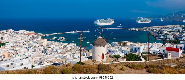 Panoramic Views Of The Greek Island Of Mykonos - The Famous Windmill And Cruise Ships ...