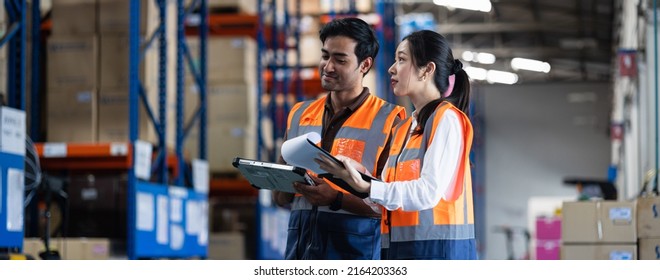 Panoramic warehouse worker and manager checks stock and inventory with digital tablet computer in the retail warehouse full of shelves with goods. Working in logistics, Distribution center. - Powered by Shutterstock