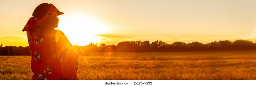 Panoramic web banner African woman in traditional clothes standing, looking, hand to eyes, in field of barley or wheat crops at sunset or sunrise panorama