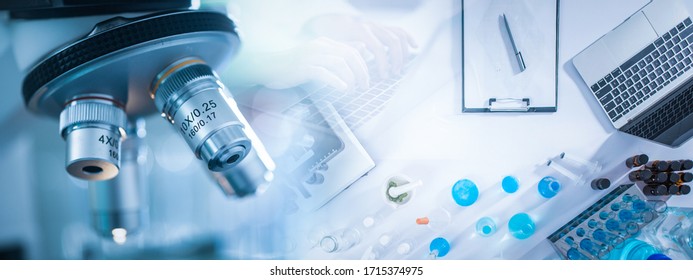 Panoramic Web Banner Of Microscope In A Medical Research Lab Or Science Laboratory.