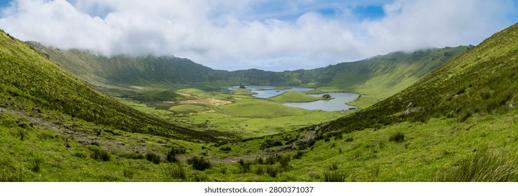 Panoramic and wide angle view on the Caldeirao of Corvo Island, northernmost island of the Azores archipelago and the northernmost in Macaronesia, Portugal