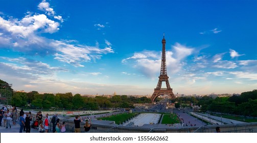 Panoramic Wide Angle View Of Paris Over The Trocadéro Gardens Showing Tour Eiffel In The Far Background