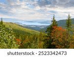 Panoramic wide angle view from Schweitzer Mountain of the towns of Kootenai, Ponderay and Sandpoint, Idaho, along the shores of Lake Pend Oreille, in Sandpoint, Idaho.