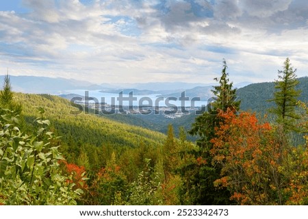Panoramic wide angle view from Schweitzer Mountain of the towns of Kootenai, Ponderay and Sandpoint, Idaho, along the shores of Lake Pend Oreille, in Sandpoint, Idaho.