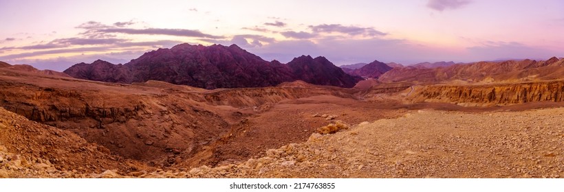 Panoramic winter sunrise view of Mount Shlomo and the Gulf of Aqaba, Massive Eilat Nature Reserve, southern Israel