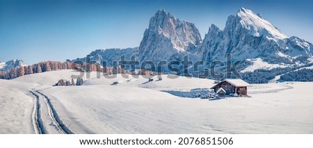 Panoramic winter view of Alpe di Siusi village with Plattkofel peak on background. Bright morning scene of Dolomite Alps. Majestic winter landscape of Ityaly, Europe. Traveling concept background.