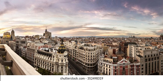 Panoramical Aerial View Of Madrid In A Beautiful Summer Night, Spain